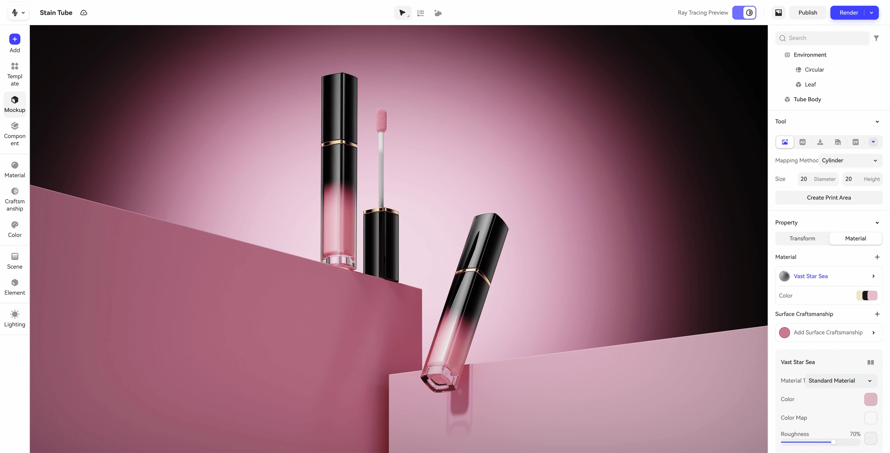 Professional cosmetic packaging render created in Realishot, showcasing its material and lighting capabilities