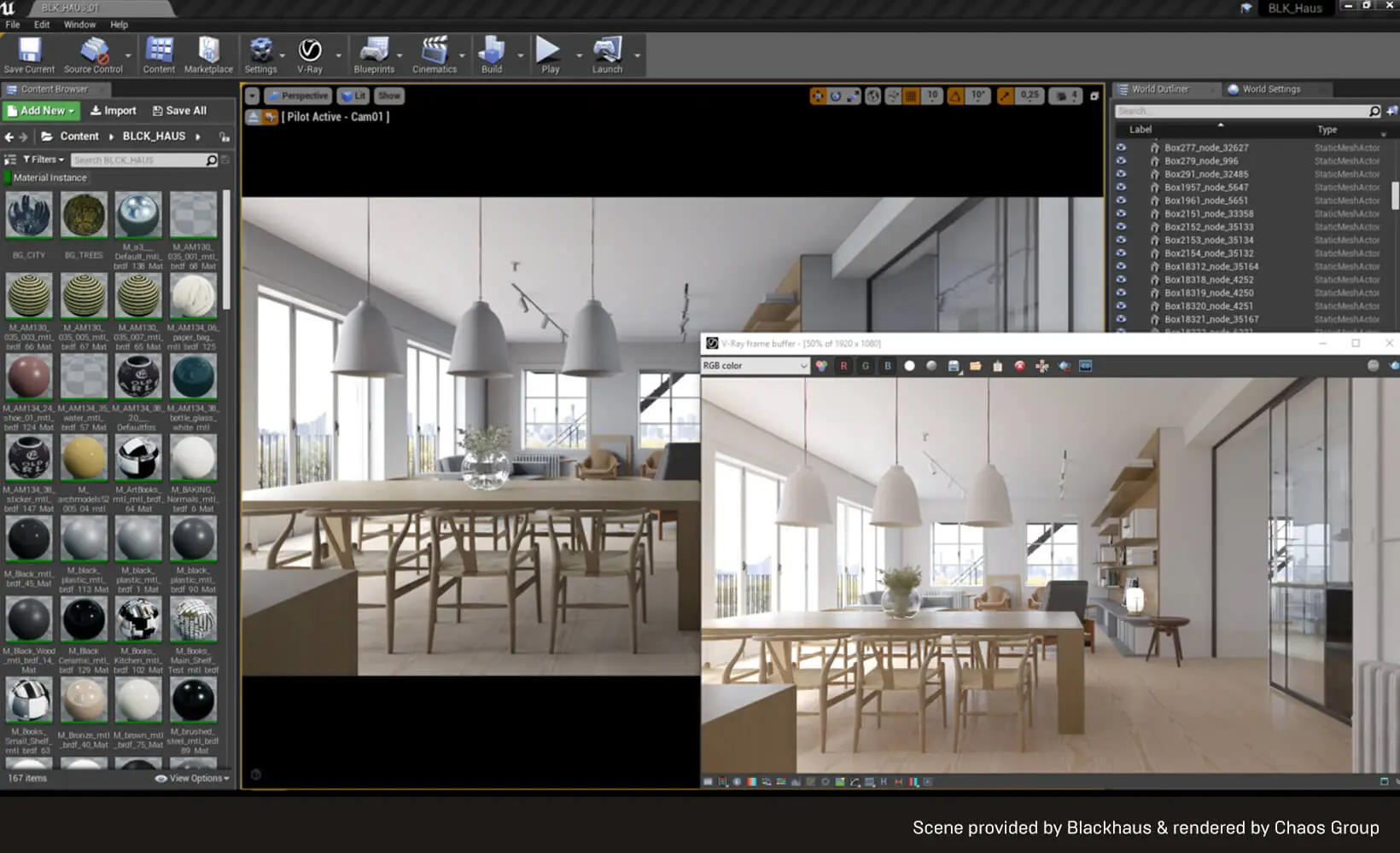 A photorealistic architectural scene rendered with Chaos V-Ray
