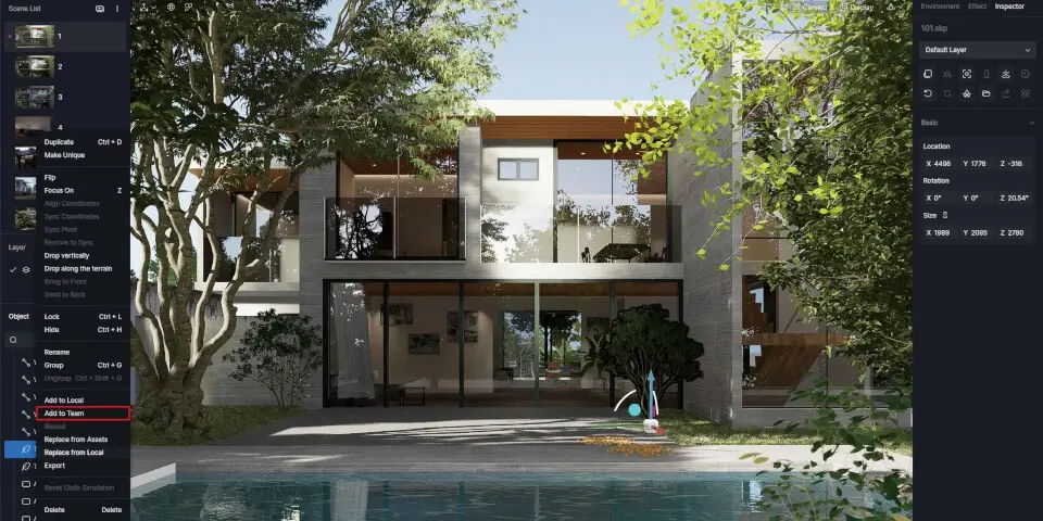 The modern interface of D5 Render showing a real-time ray-traced scene