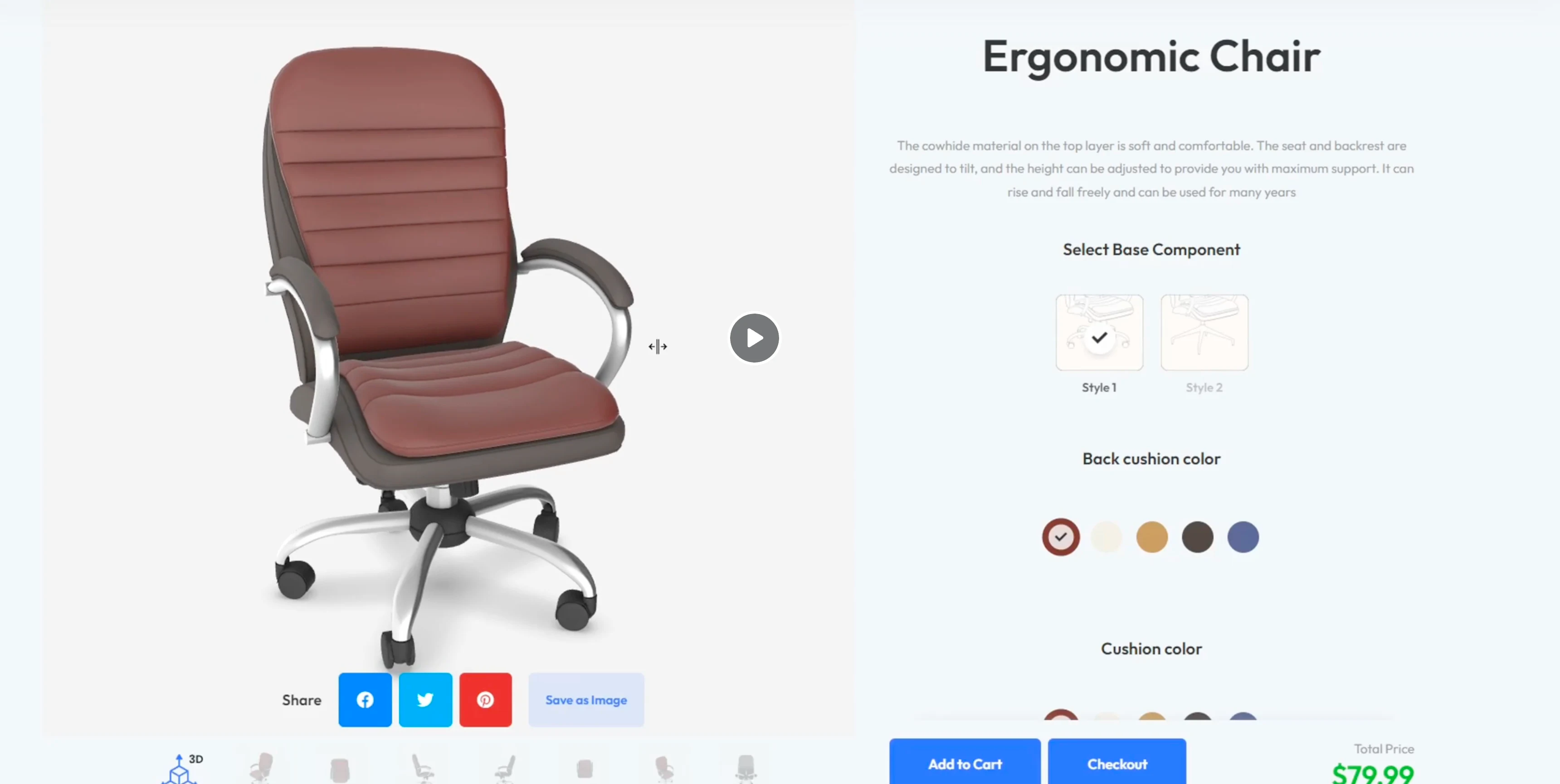 An interactive 3D product configurator for a chair, created with Realishot.