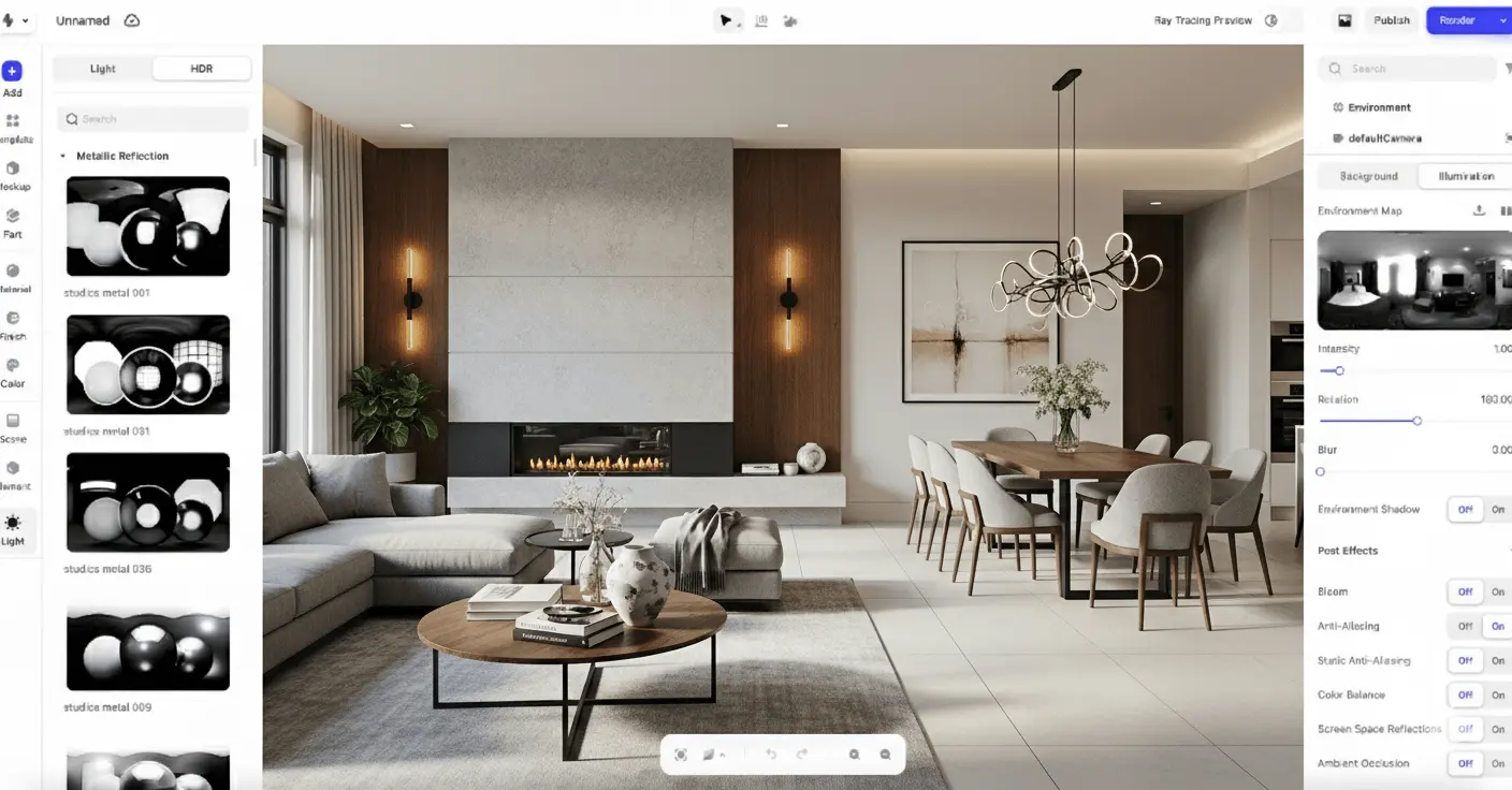 A stunning interior scene rendered in Realishot, showcasing its lighting and material quality